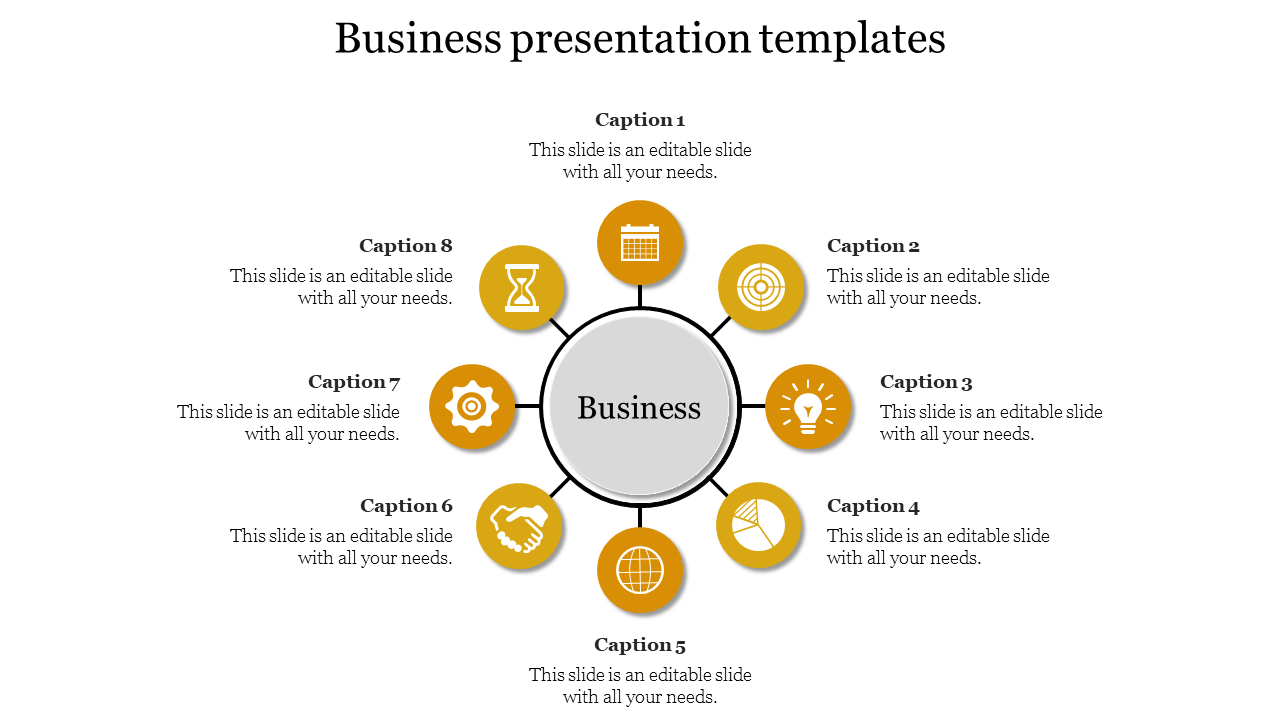 A PowerPoint template for business presentations featuring a central business icon surrounded by eight numbered captions.