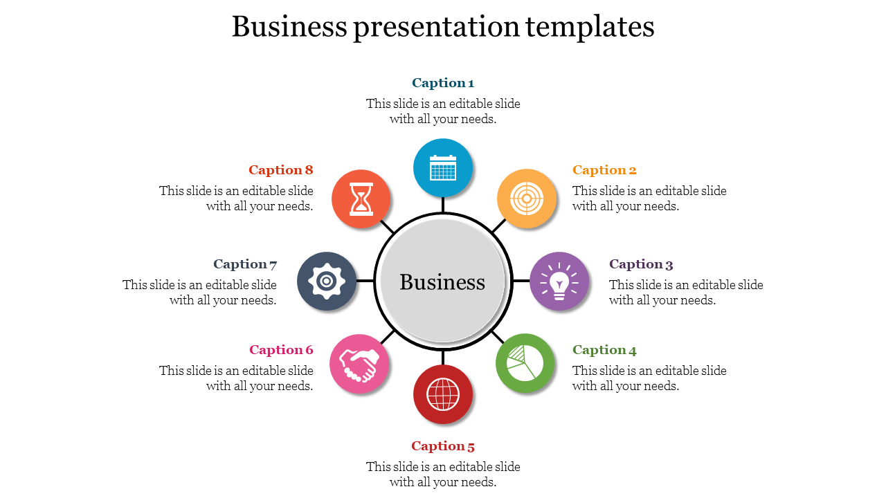 Eight-step business presentation diagram with colorful icons and captions radiating from a central gray circle.