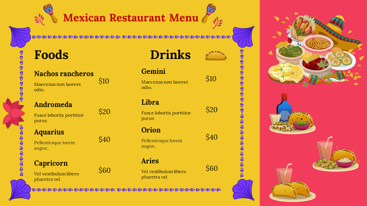 Mexican restaurant menu featuring a colorful design with food and drink items listed with a traditional Mexican dishes.