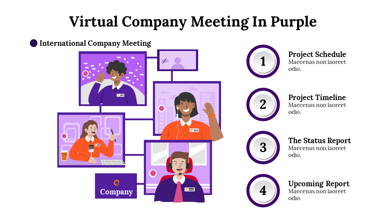 Virtual company meeting in purple featuring team members in different video call boxes with project topics listed.