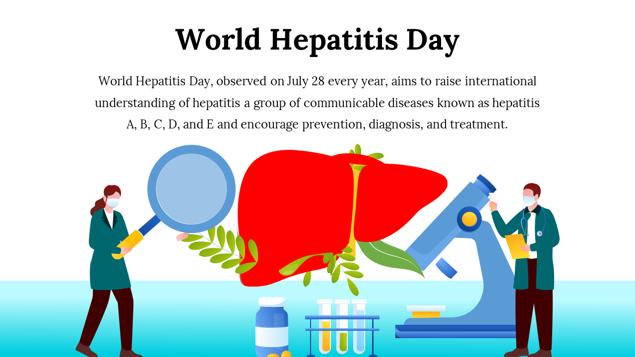 Illustration of two researchers studying a red liver using a magnifying glass and microscope, with hepatitis text above.