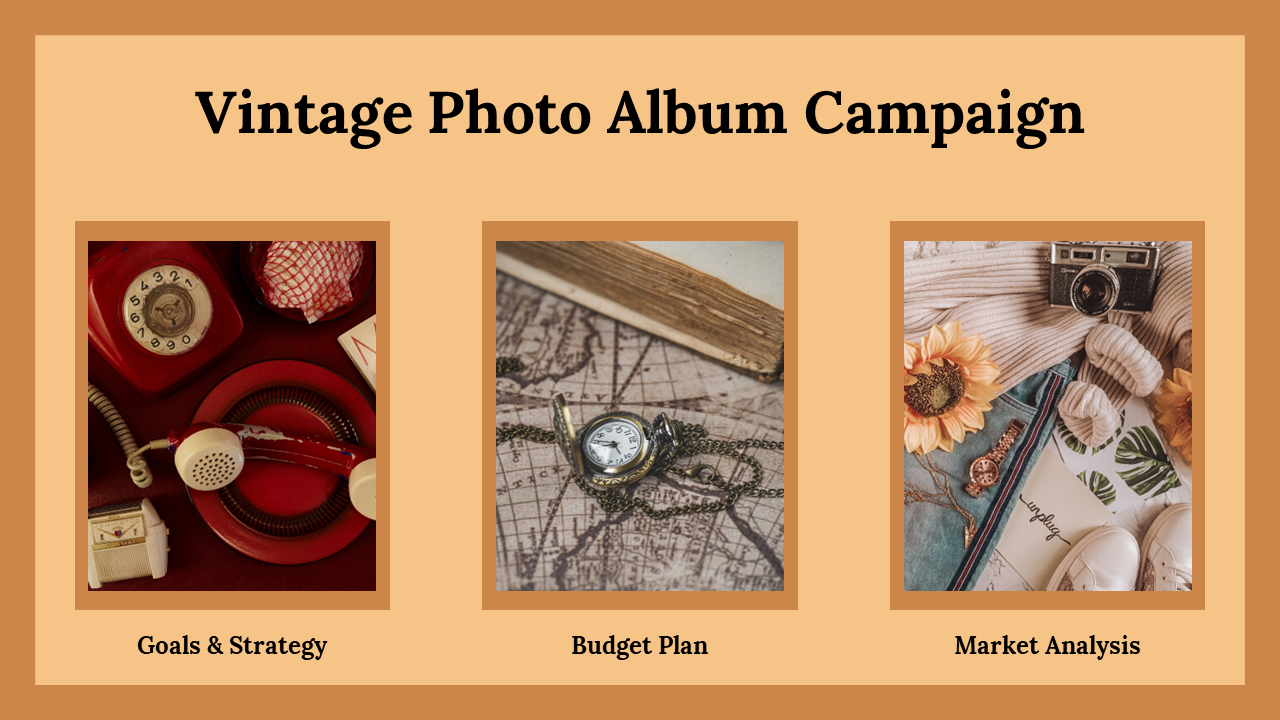 Vintage photo campaign featuring images of a red rotary phone, a pocket watch on a map, and a camera with sunflowers.