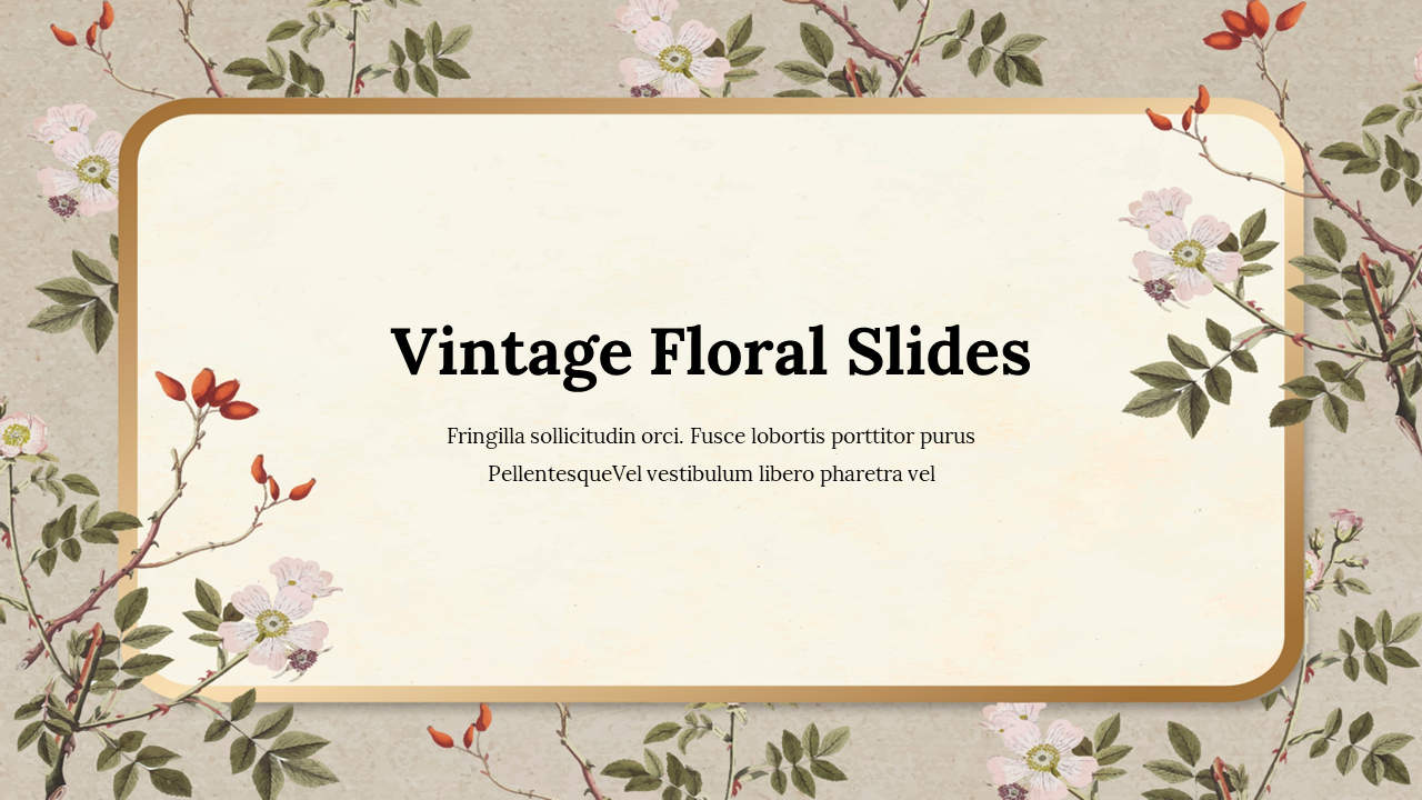 Beautiful vintage floral slide with flowers and leaves background and a placeholder text and caption area at the center.