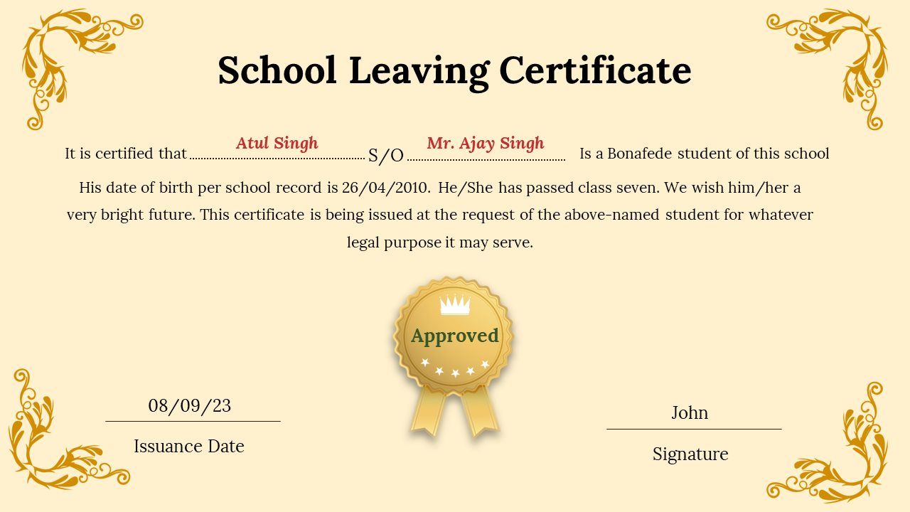 School leaving certificate with gold decorative ornate borders and an Approved seal on a beige background.