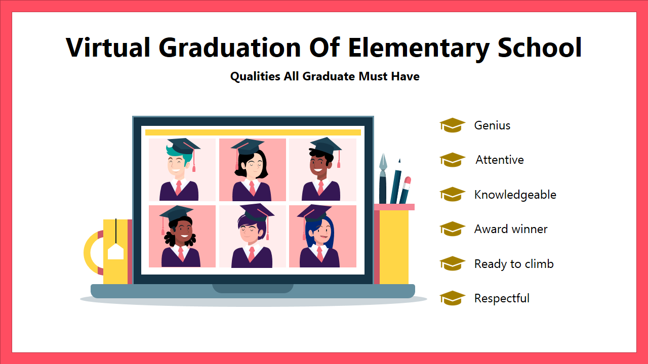 Virtual graduation slide showing students in caps on a laptop screen with a list of graduate qualities on the right.