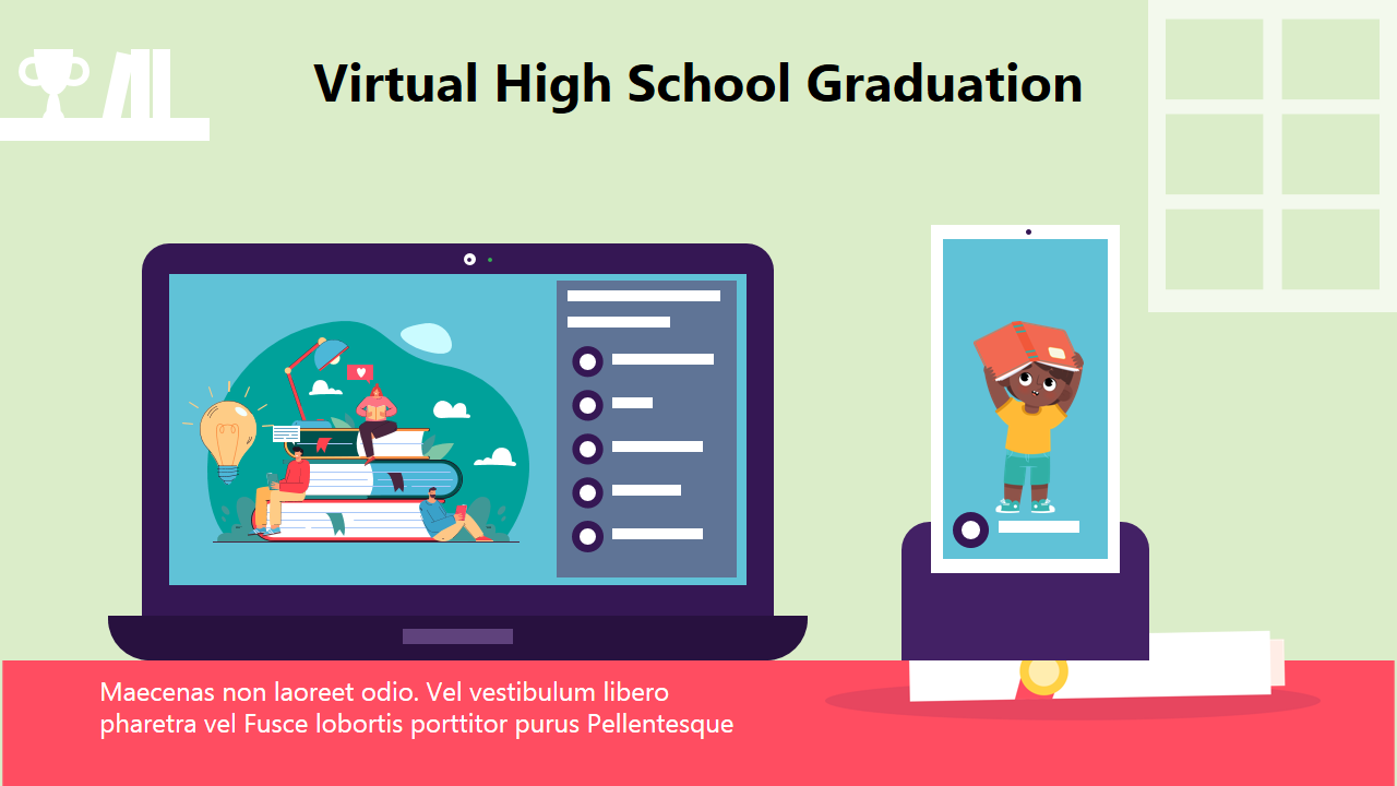 Virtual high school graduation slide with a laptop showing stacked books and a phone displaying a child holding a book.