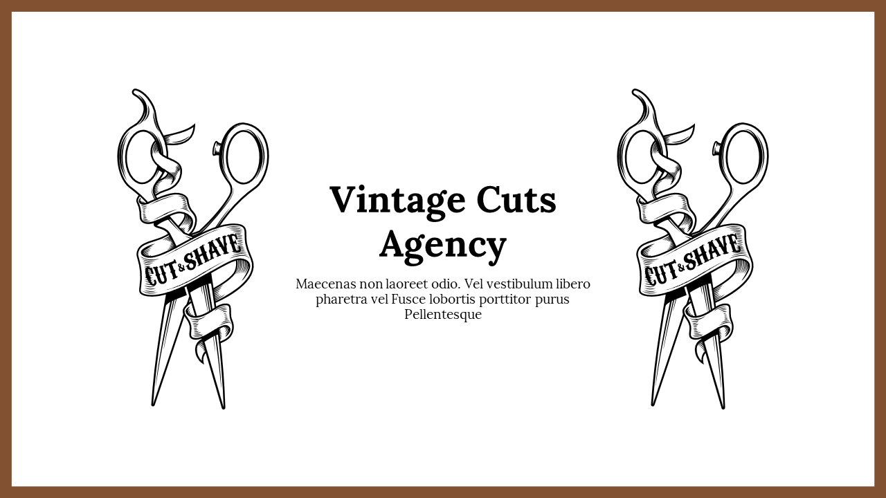 Vintage Cuts Agency logo with a classic barber design of scissors and a ribbon on a white backdrop.