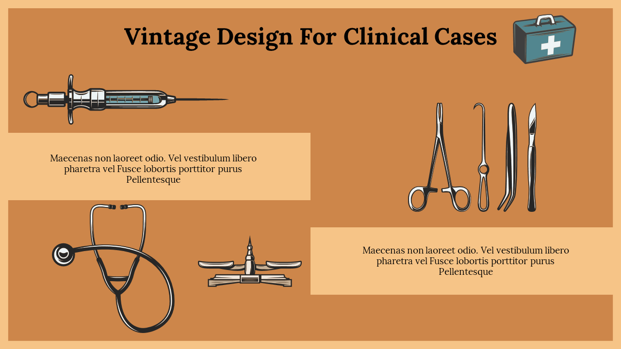 Vintage medical tools illustrated on a slide, including a syringe, forceps, stethoscope, and a medical kit icon.