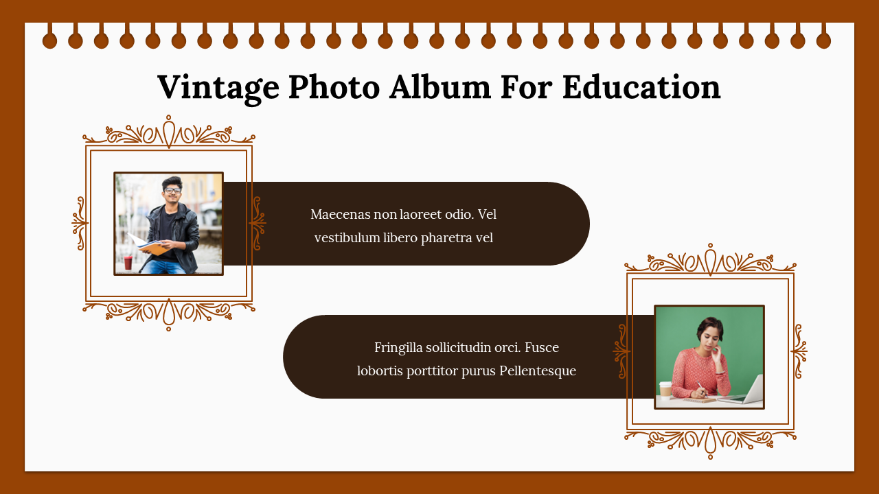 Vintage photo album for education with framed images of a student reading outdoors and another studying at a desk.