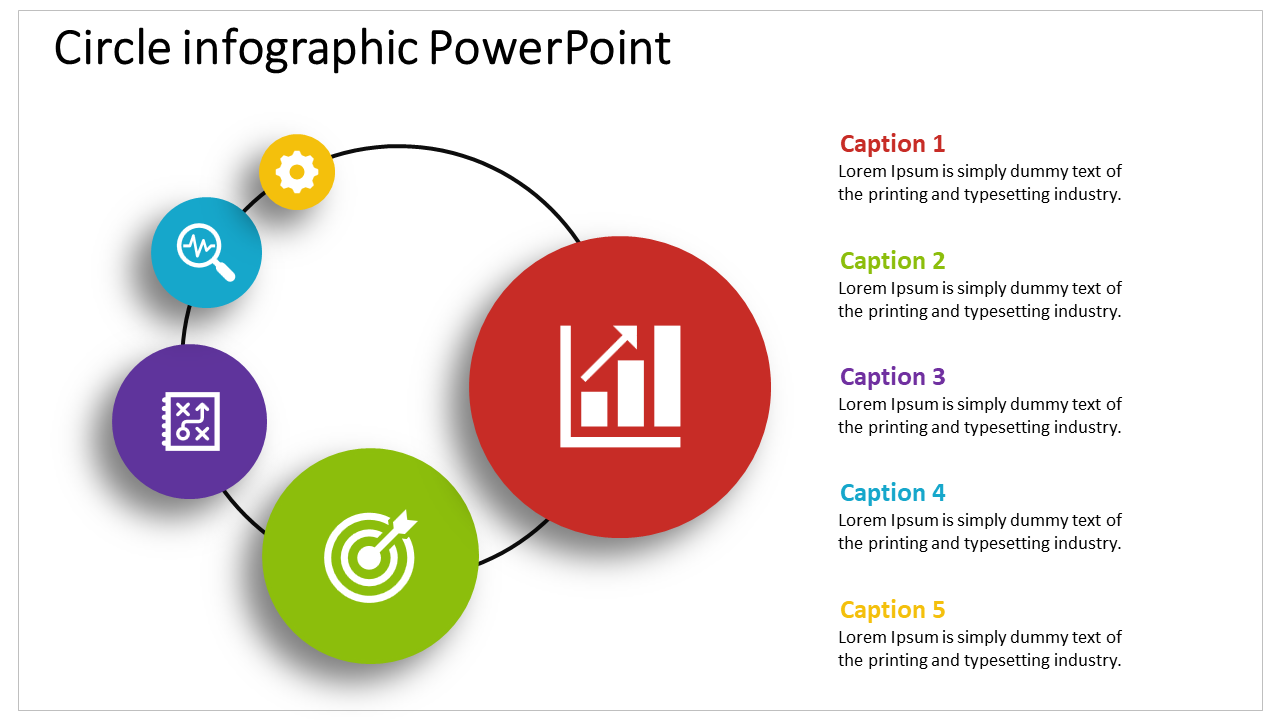 Circular infographic slide with five colorful segments, each with an icon and corresponding caption on the right.