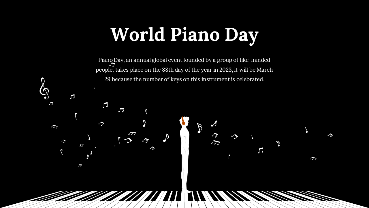 World piano day features a pianist standing on a piano keyboard against a black background, surrounded by musical notes.