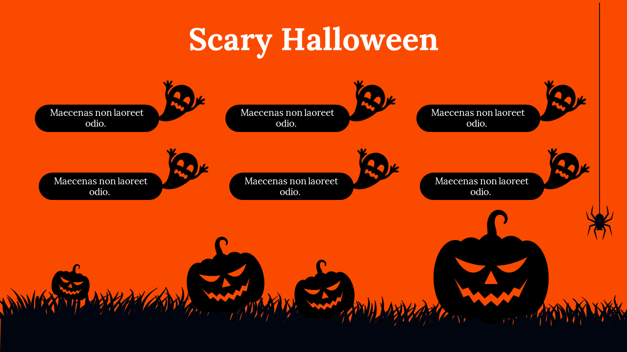 Halloween themed slide with ghost and pumpkin illustrations, featuring text boxes for spooky content on an orange backdrop.