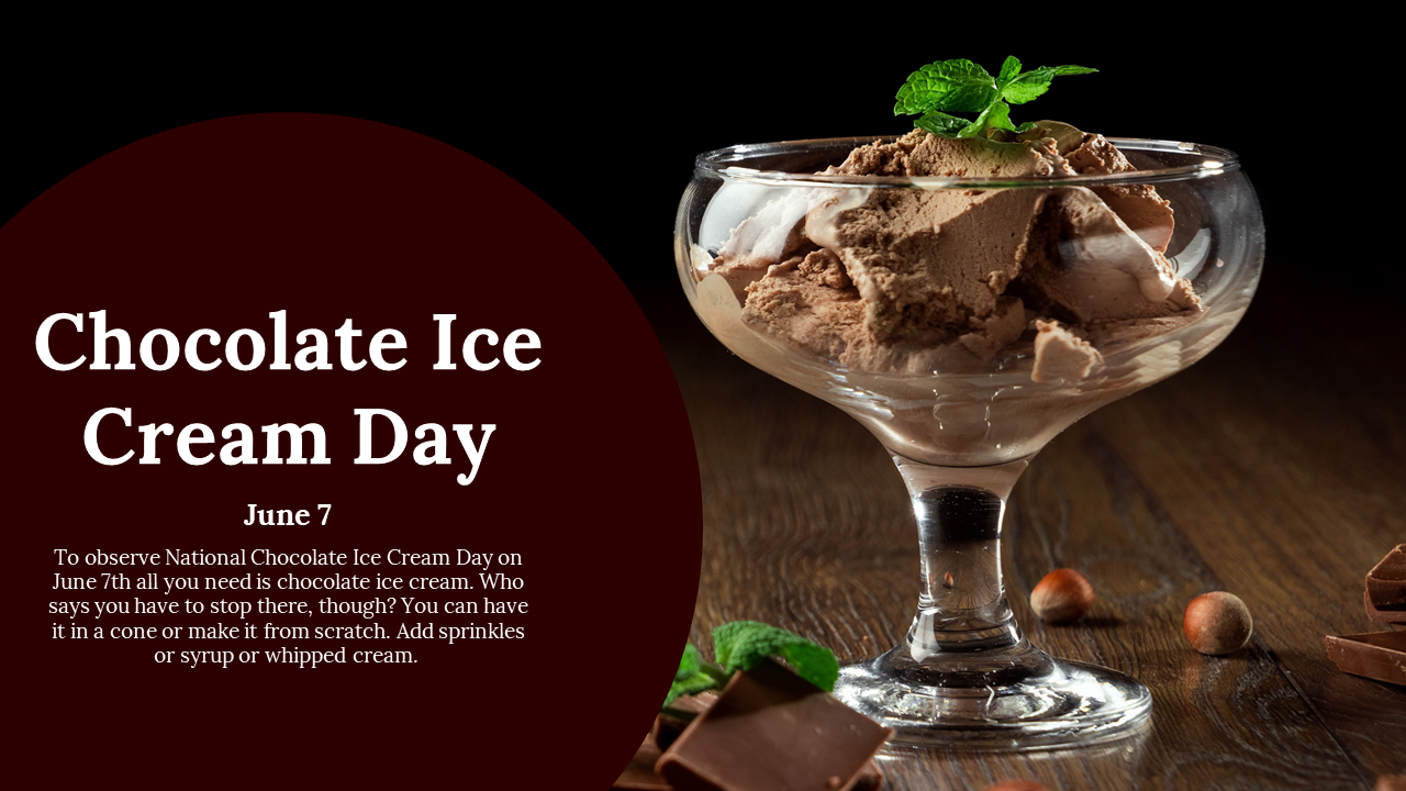 Chocolate ice cream in a glass bowl with mint on top, with a dark circle of text about chocolate day dated on June 7.