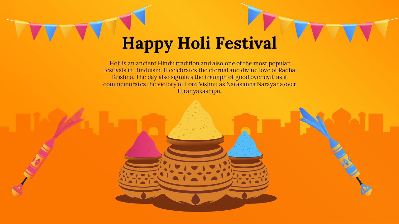 Illustration of Holi festival with colored powders in pots and decorative elements on an orange background.