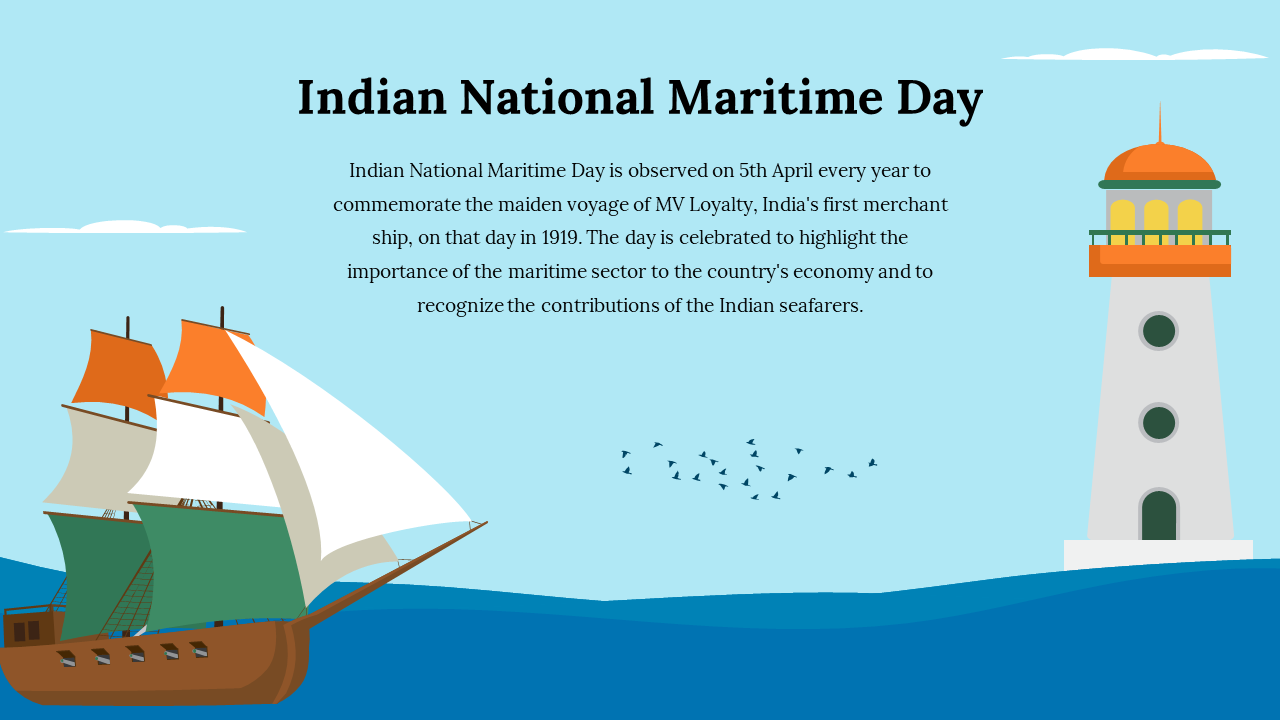 Indian National Maritime Day slide with an illustration of a sailing ship and a lighthouse on the ocean.