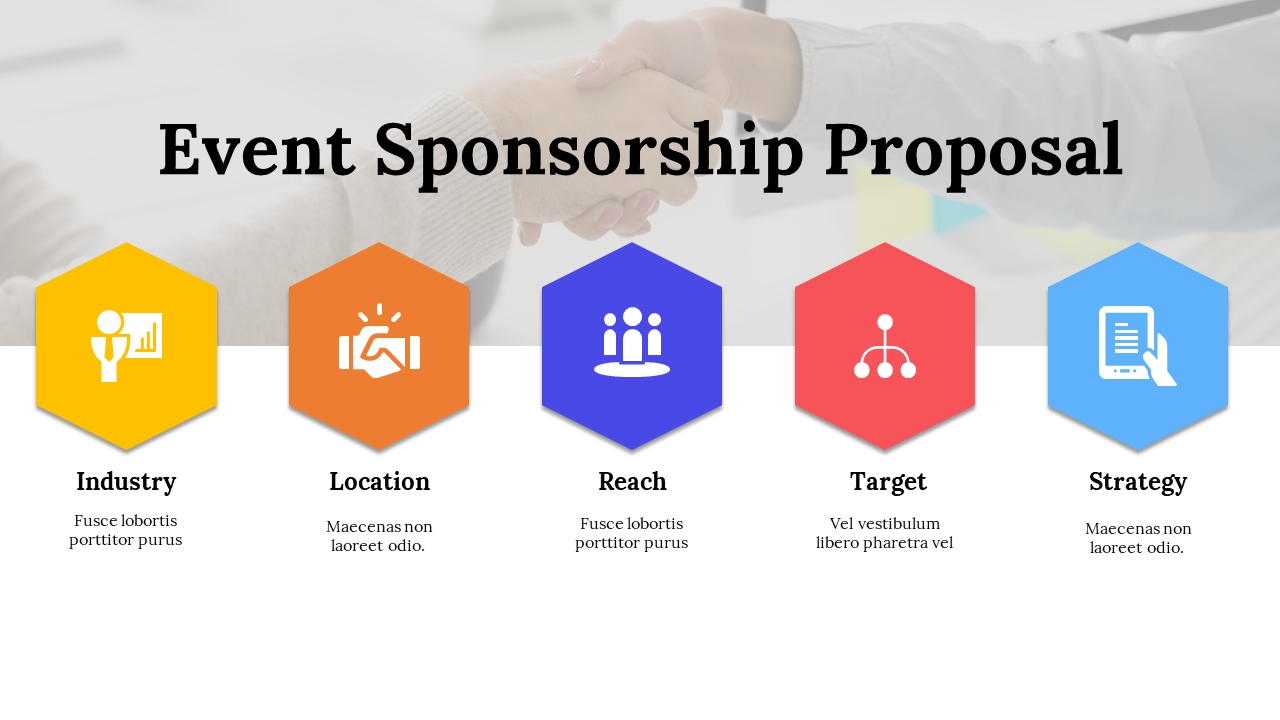 Colorful event sponsorship proposal slide showcasing five key categories industry, location, reach, target, and strategy.