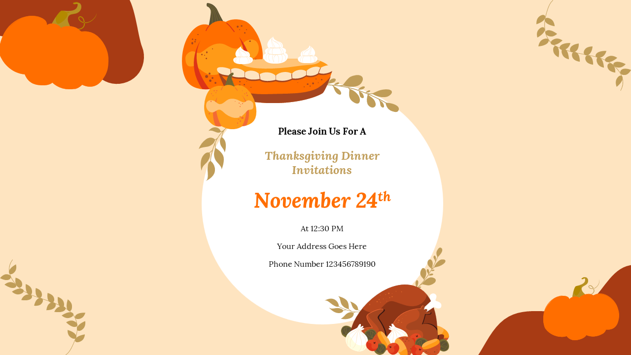 Thanksgiving dinner invitation with illustrations of pie, pumpkins, and roasted turkey, featuring event details.