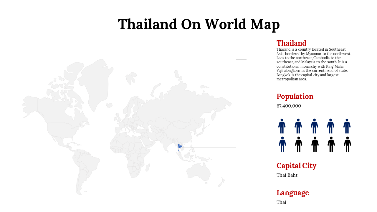 Thailand highlighted in blue on a light gray world map with demographic and geographical information on the right.