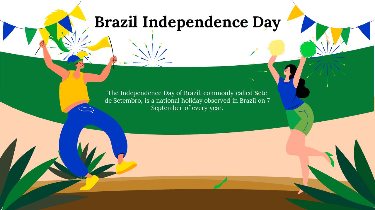 Colorful Brazil Independence day celebration with confetti, flags, and animated figures against a green backdrop.