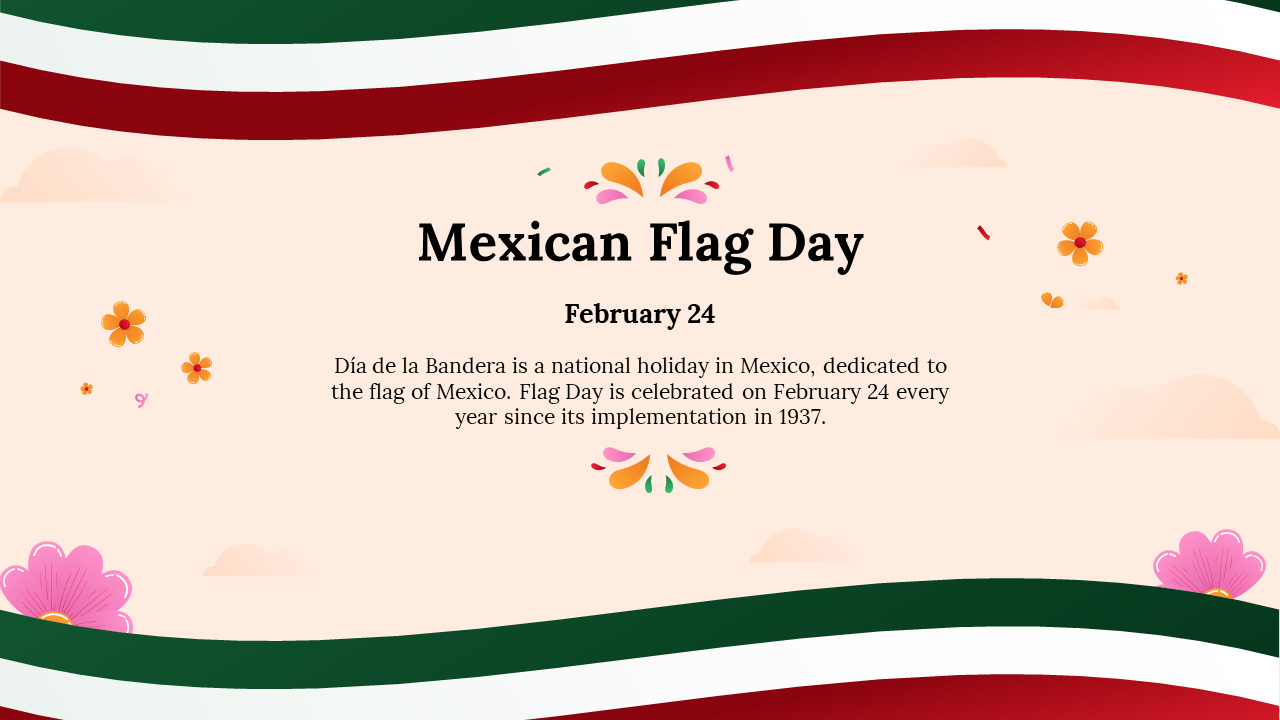 Mexican flag template with red, green, and white wave patterns and decorative flowers surrounding the text.