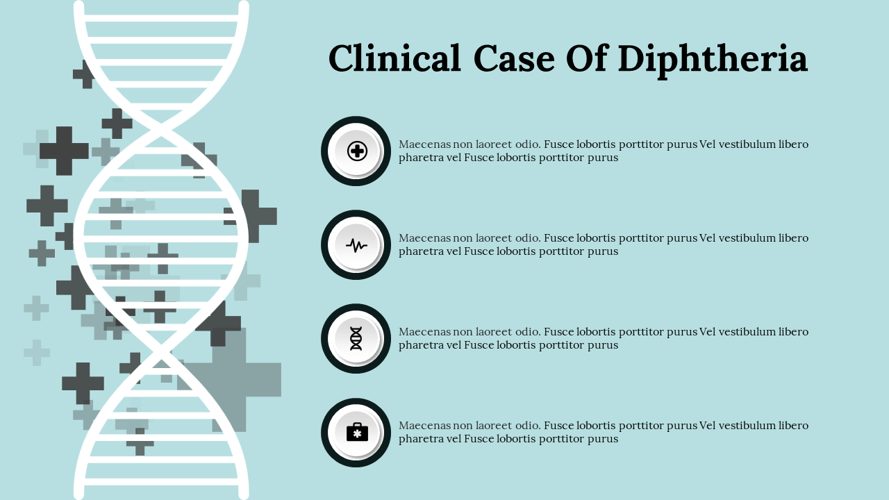 Slide on clinical diphtheria cases, featuring DNA graphics and medical symbols for emphasis with icons and text area.