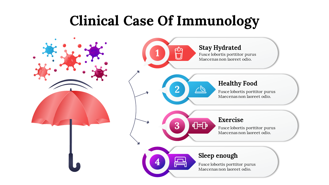 A red umbrella deflects virus icons and four numbered colorful text sections highlighting health recommendations.