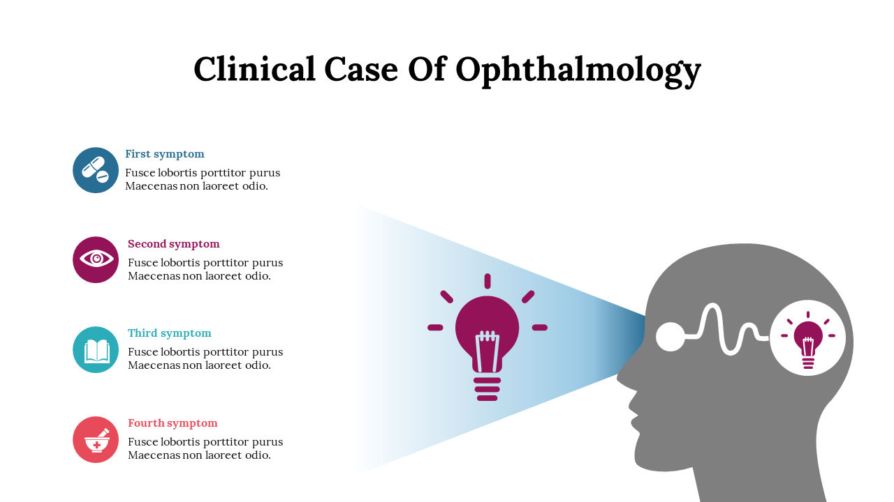 Illustration depicting a patient's head with light symbols, outlining four key symptoms of the ophthalmological condition.