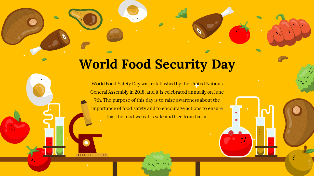 Illustration of food items and lab equipment with a microscope and test tubes for world food security day.