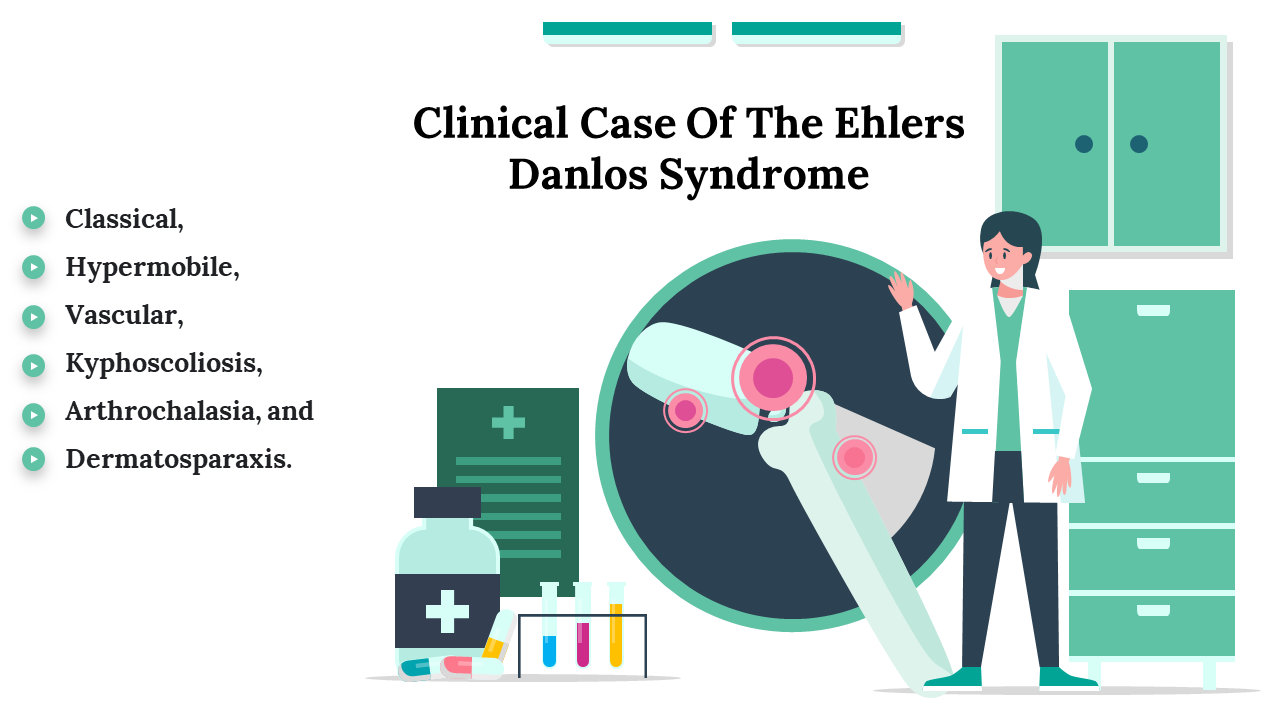 Slide on Ehlers danlos syndrome, listing subtypes with a medical illustration of a joint.