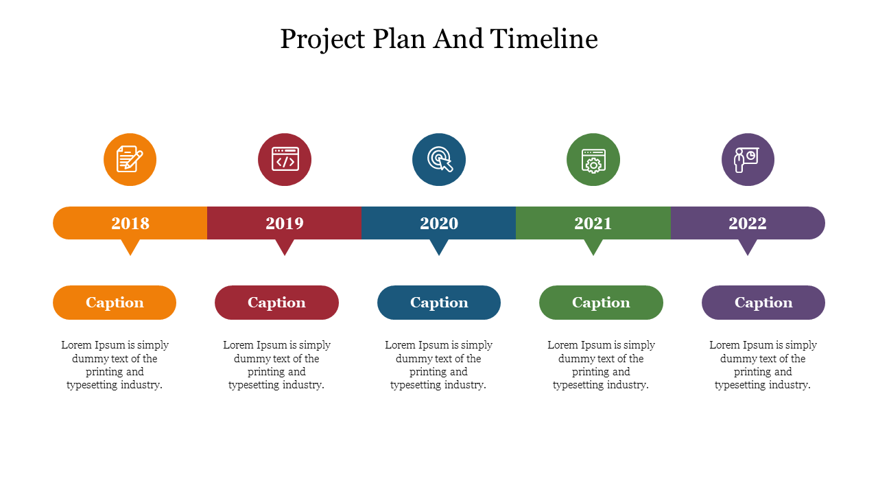 A project plan and timeline slide with color coded years from 2018 to 2022, each year marked with icons and captions.