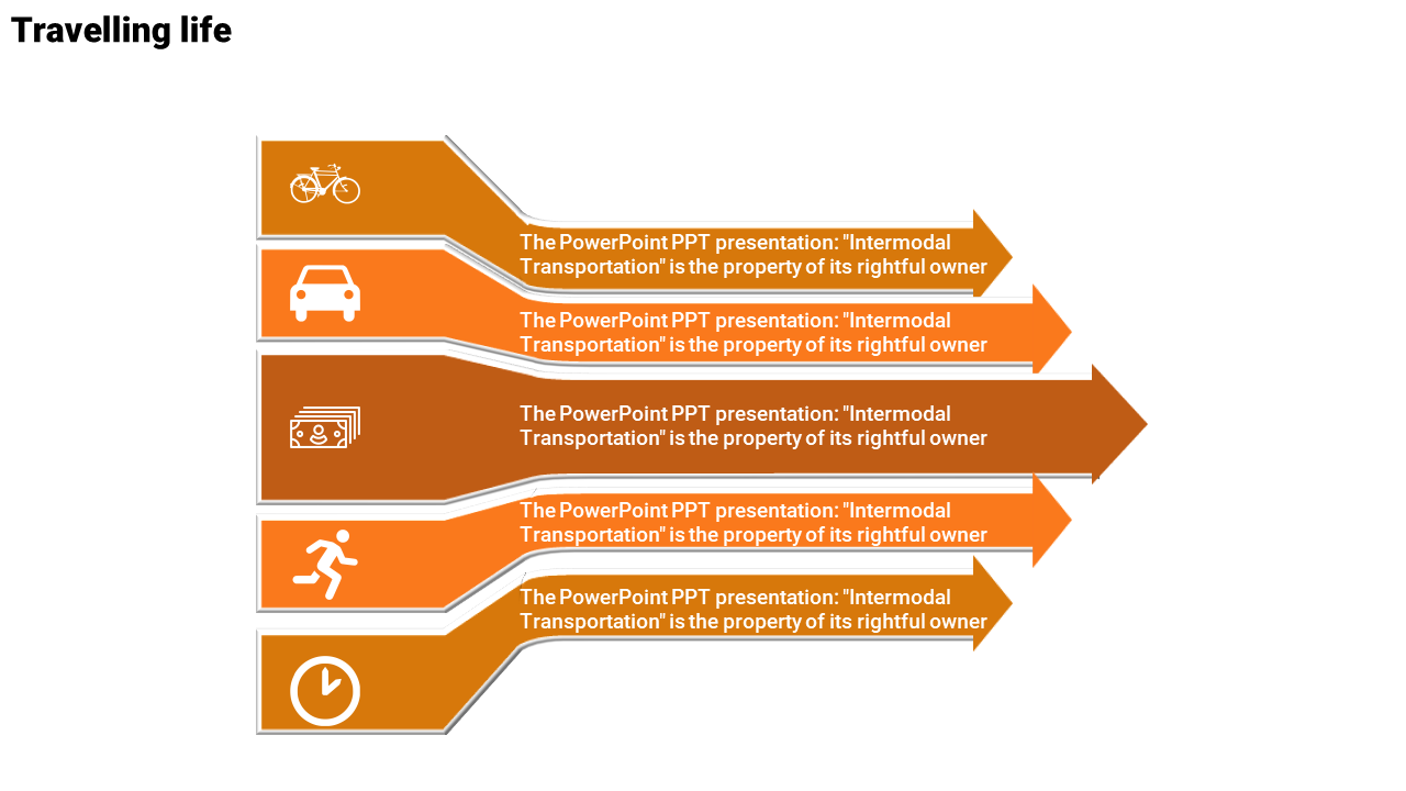 Traveling slide with five 3D arrows in orange shades, each with transportation icons, arranged in a vertical list.