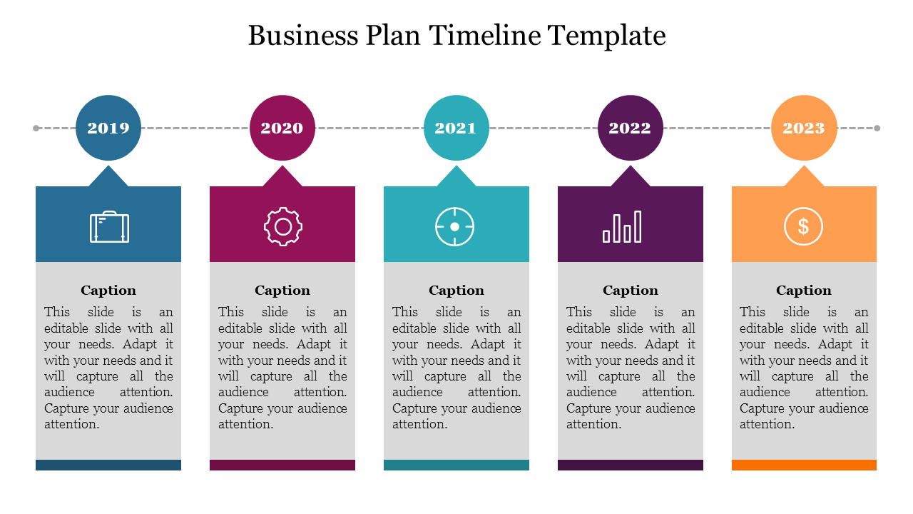 Colorful business plan timeline slide from 2019 to 2023, with icons for each year representing different stages with text.