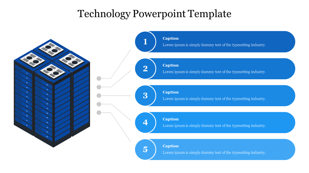 Technology themed infographic with a blue server stack on the left connected to five horizontal numbered bars on the right.