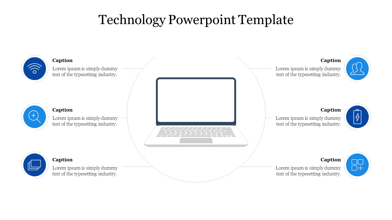 Digital technology template displaying a laptop at the center, connected to six functional icons representing tech features.