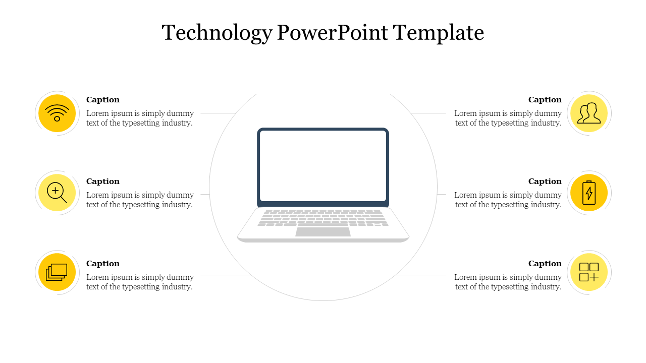 Technology diagram with six yellow icons representing connectivity, power, and user management in a symmetrical layout.