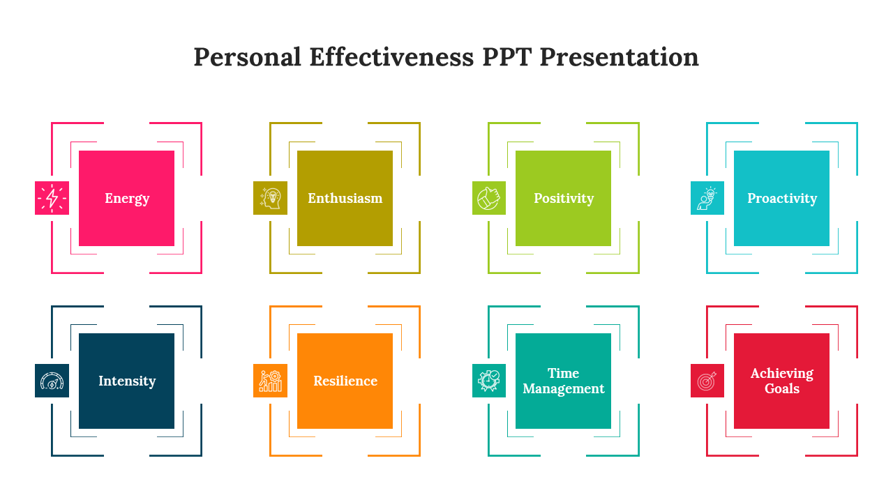 Eight squares in bright colors, each paired with an icon on the left, arranged in two rows showcasing personal traits.