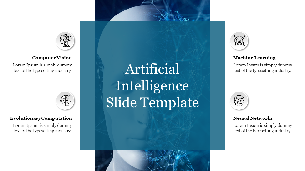 AI themed slide with blue overlay text in center, two icons with captions on each side, and faint robot face image behind.