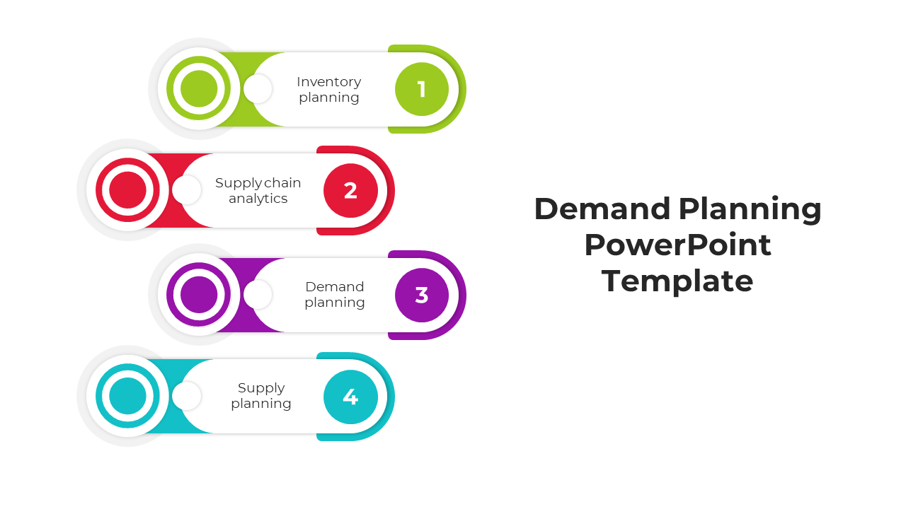 Illustrated demand planning template highlighting stages from inventory planning to supply planning in four colorful steps.