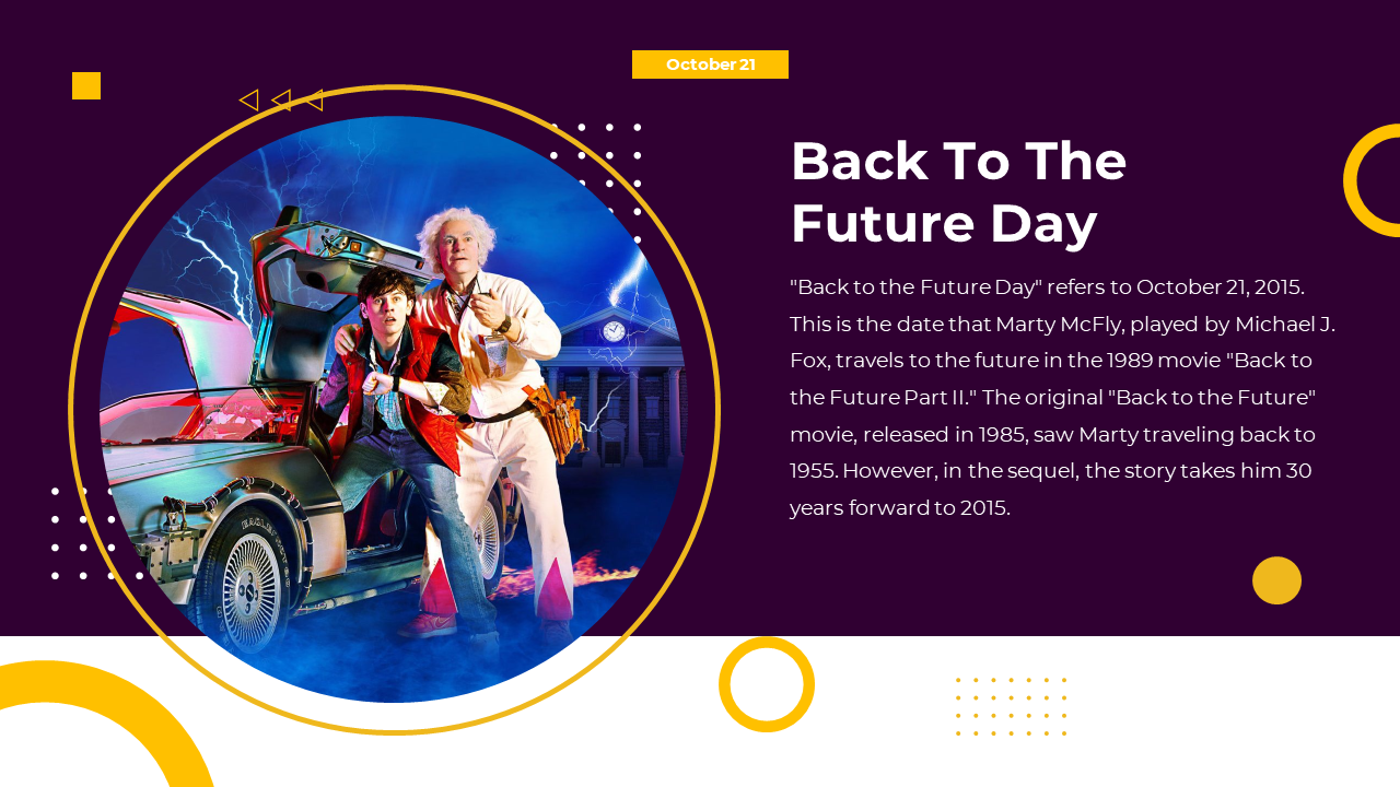 Circular image of two man in front of a time travel car, with a purple text box describing back to the future day.