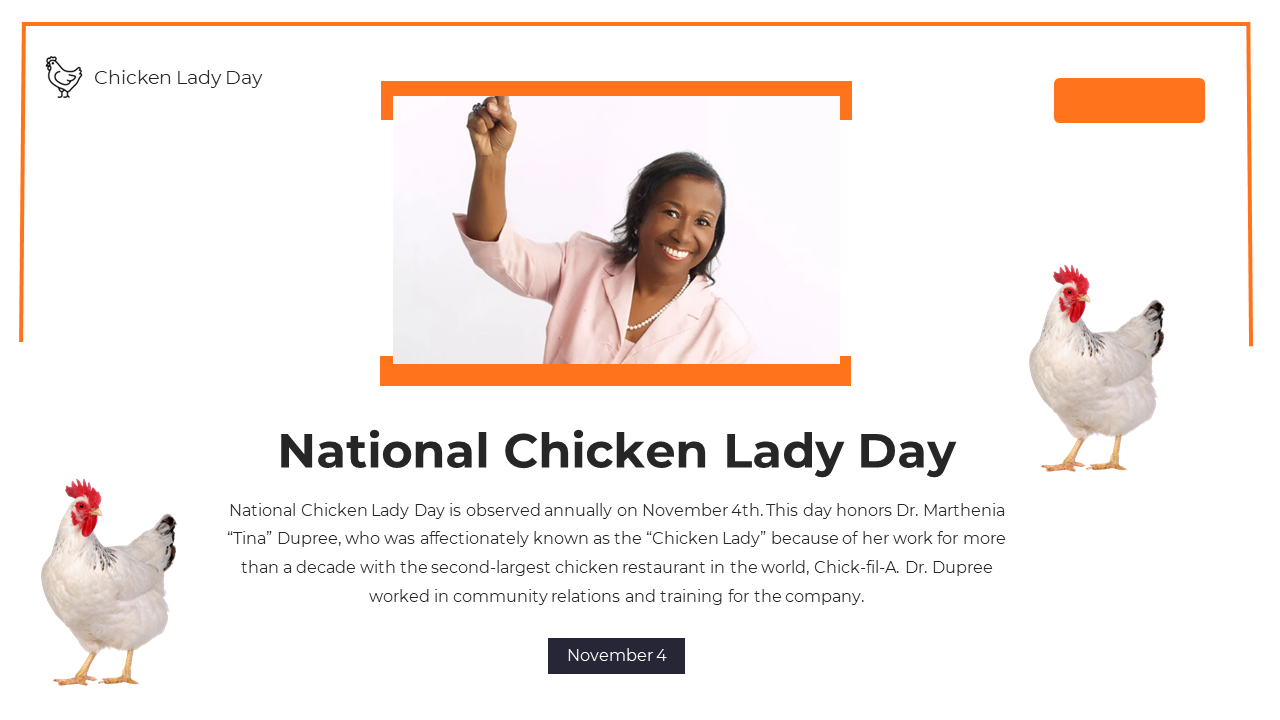 Slide celebrating national chicken lady day with an image of Dr. Marthenia Dupree, flanked by chickens, and a description.