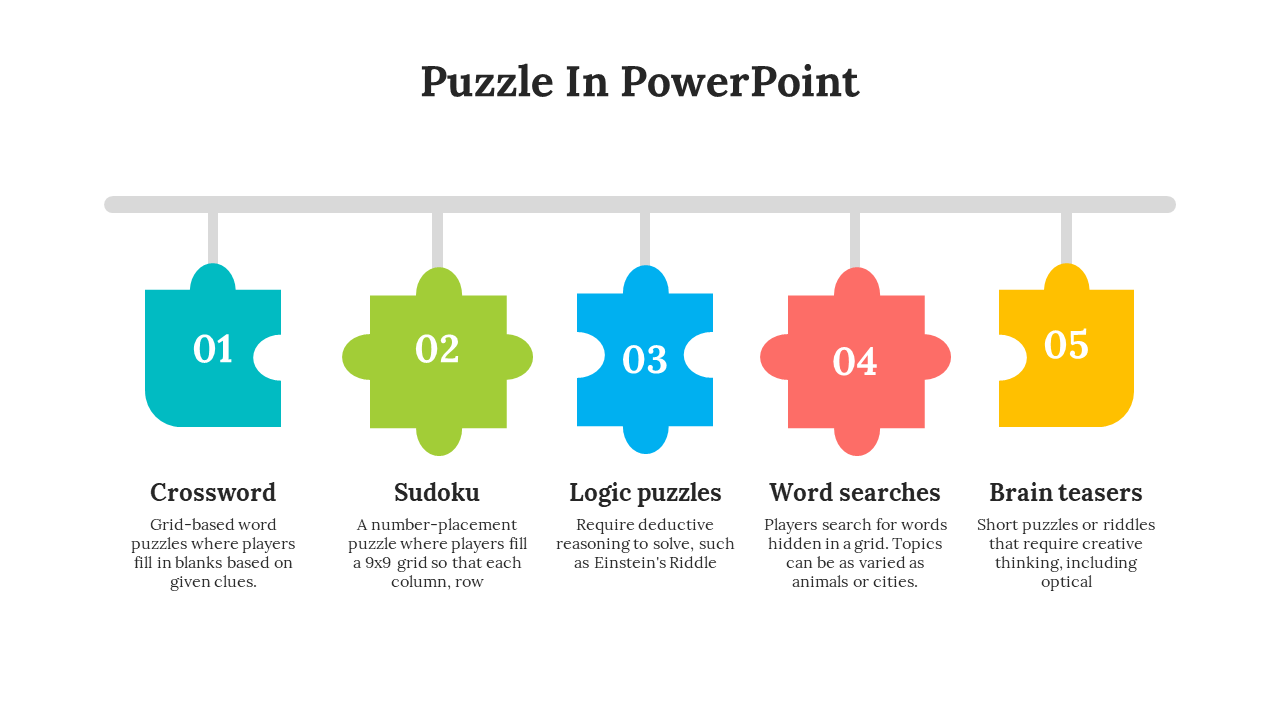 Colorful puzzle pieces showcasing different types of puzzles from crosswords to brain teasers with text descriptions.