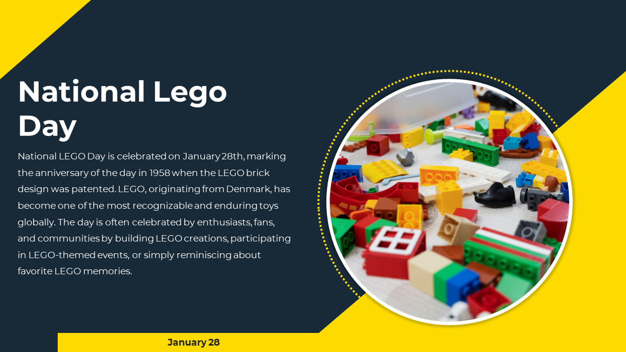 National lego day slide featuring a colorful image of LEGO bricks in a circular frame on a navy and yellow background.