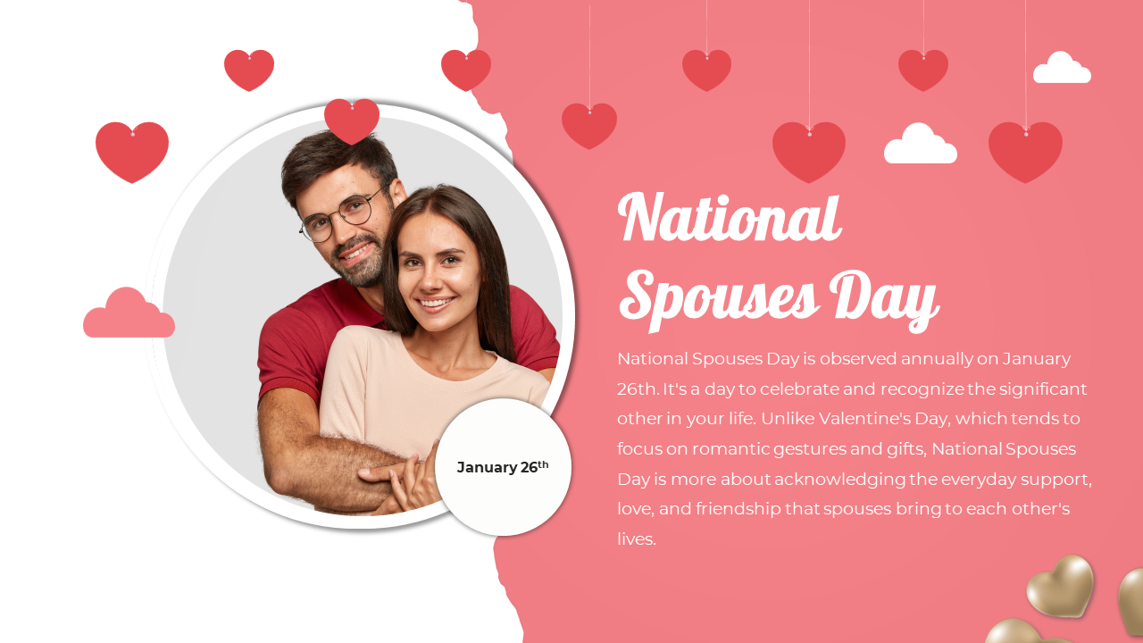 National spouses day design featuring a smiling couple with pink background and heart decorations.