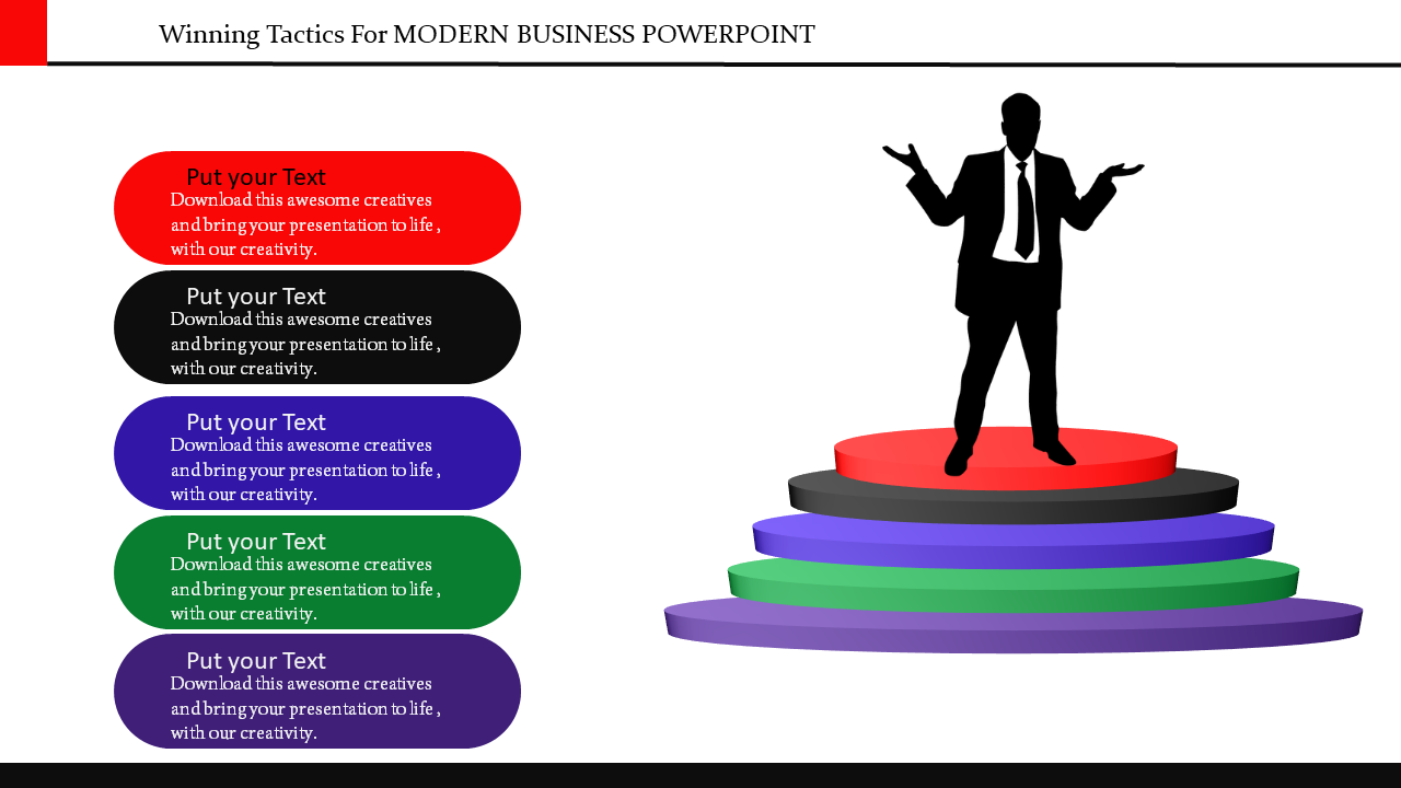 Modern business PPT template featuring a silhouette standing on colorful steps with text placeholders for custom content.