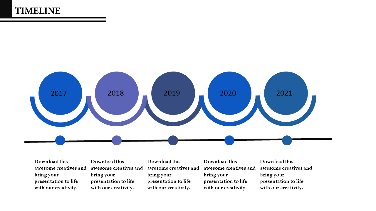 Five-step timeline from 2017 to 2021 with circular markers in shades of blue and text below each year.