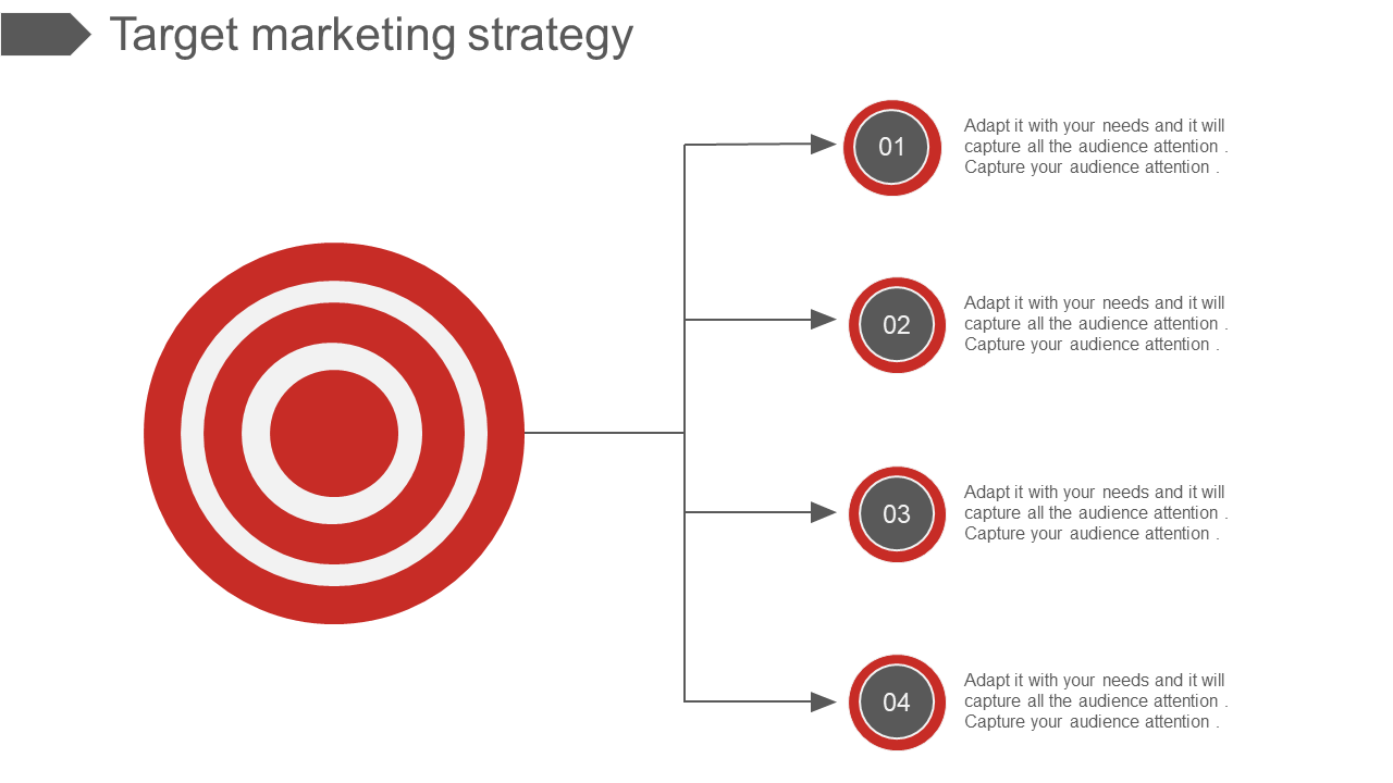 Marketing strategy slide with a target image and four sequential steps detailed in circular markers.