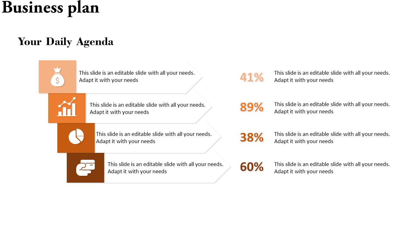 Business plan slide with four orange icons and percentage figures aligned to a white background.