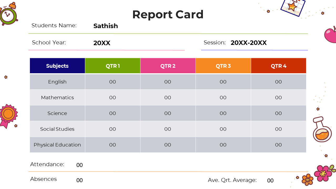 Colorful report card layout with subject rows and quarterly columns, featuring decorative icons around the border.