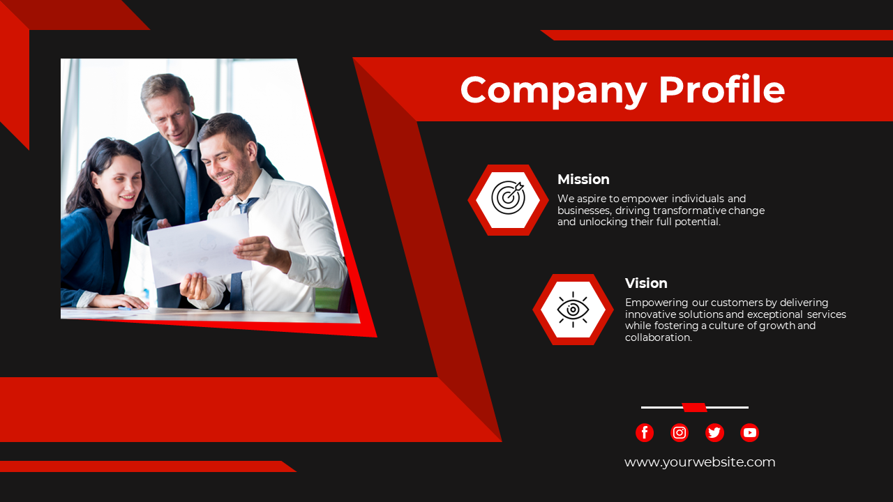 Company profile slide with a red and black theme, featuring a team photo and sections for mission and vision statements.