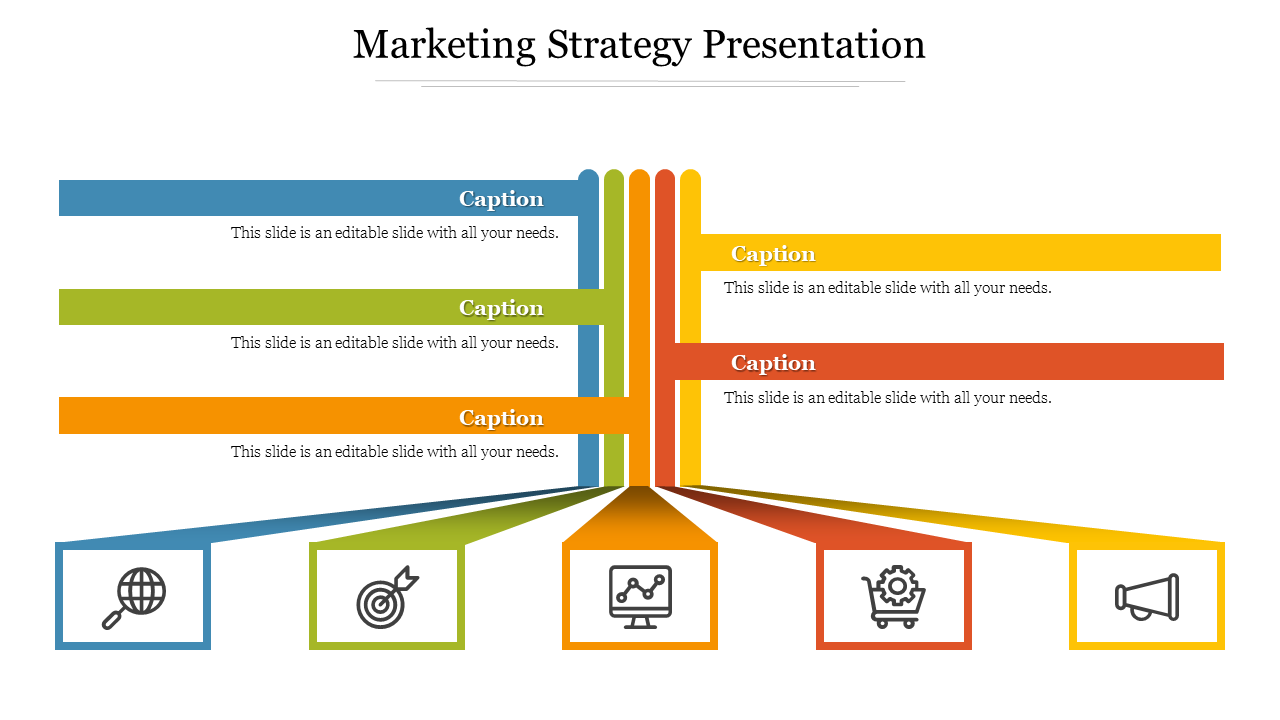 Marketing strategy slide with colorful sections for different marketing aspects with icons and placeholder text.